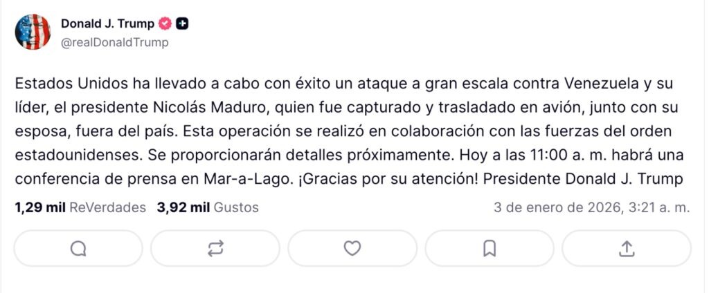 Donald Trump anuncia la captura de Nicolás Maduro y su esposa tras ataques, fueron expulsados de Venezuela